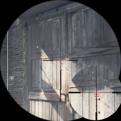 Wooden door with a crosshair overlay, likely from a scope