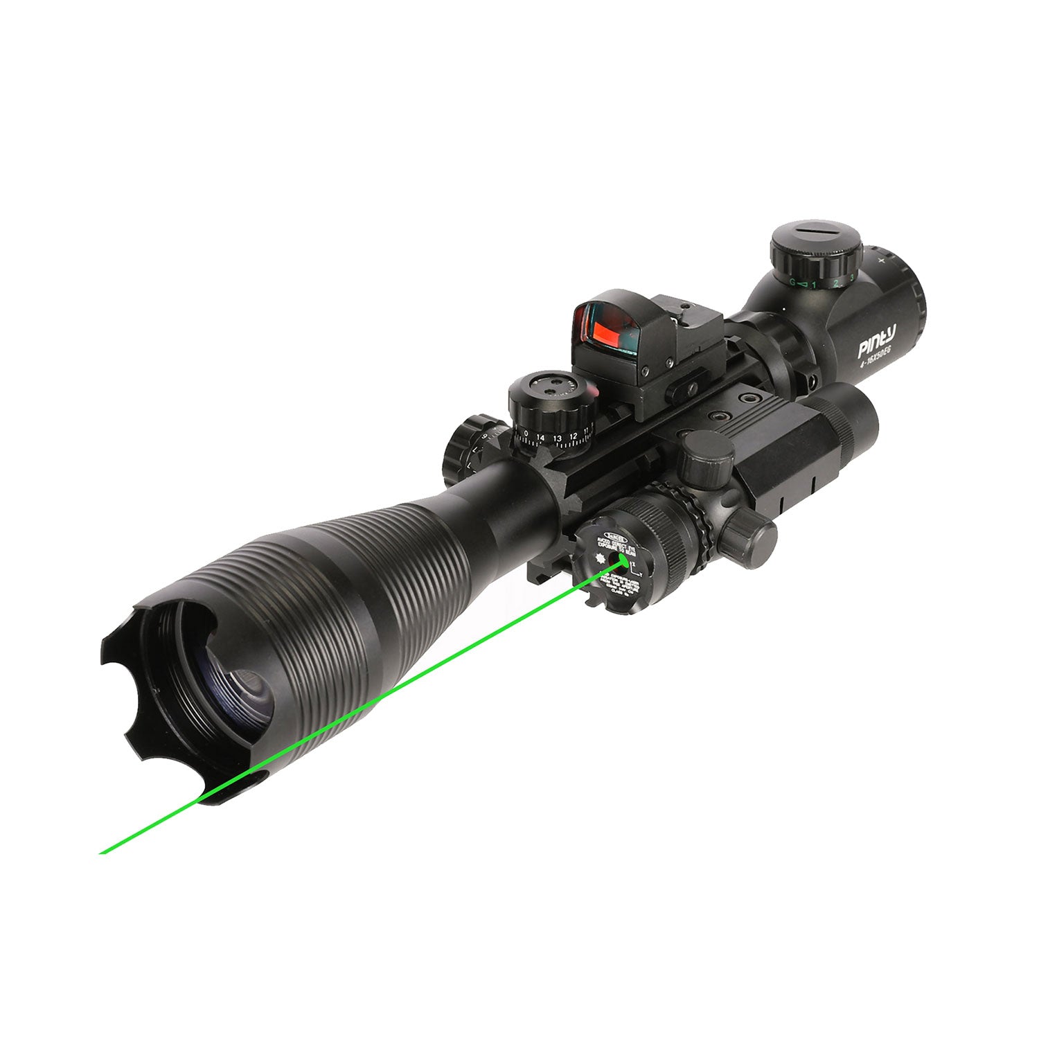4-in-1 Rifle Scope Combo, 4-16*50mm Rangefinder Scope, Green Laser, Red Dot Sight, Boresighter