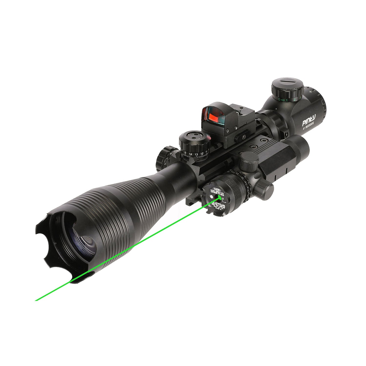 Pinty Rifle Scope Combo, 4-16*50mm Rangefinder Scope, Green Laser, Red Dot Sight, Boresighter