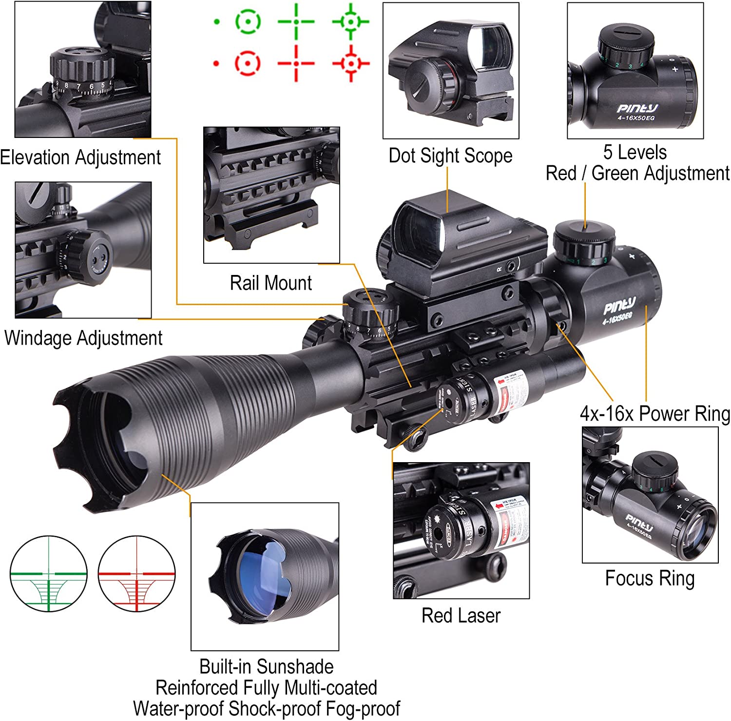 3 in 1 Scope Combo, 4-16x50EG Illuminated Rangefinder Rifle Scope, Red Laser