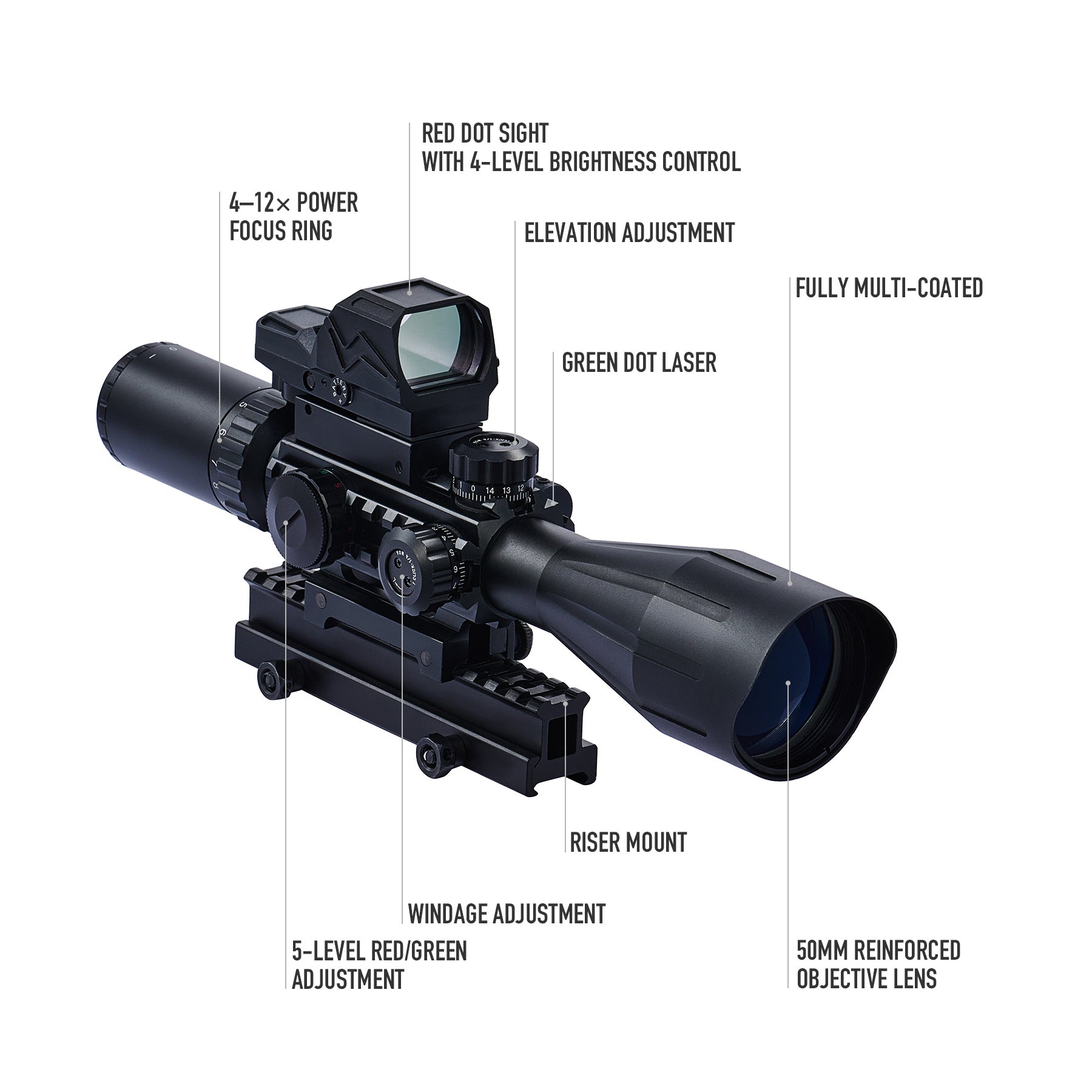 4-12x50 Rifle Scope with 4MOA Red Dot Sight & Green Laser