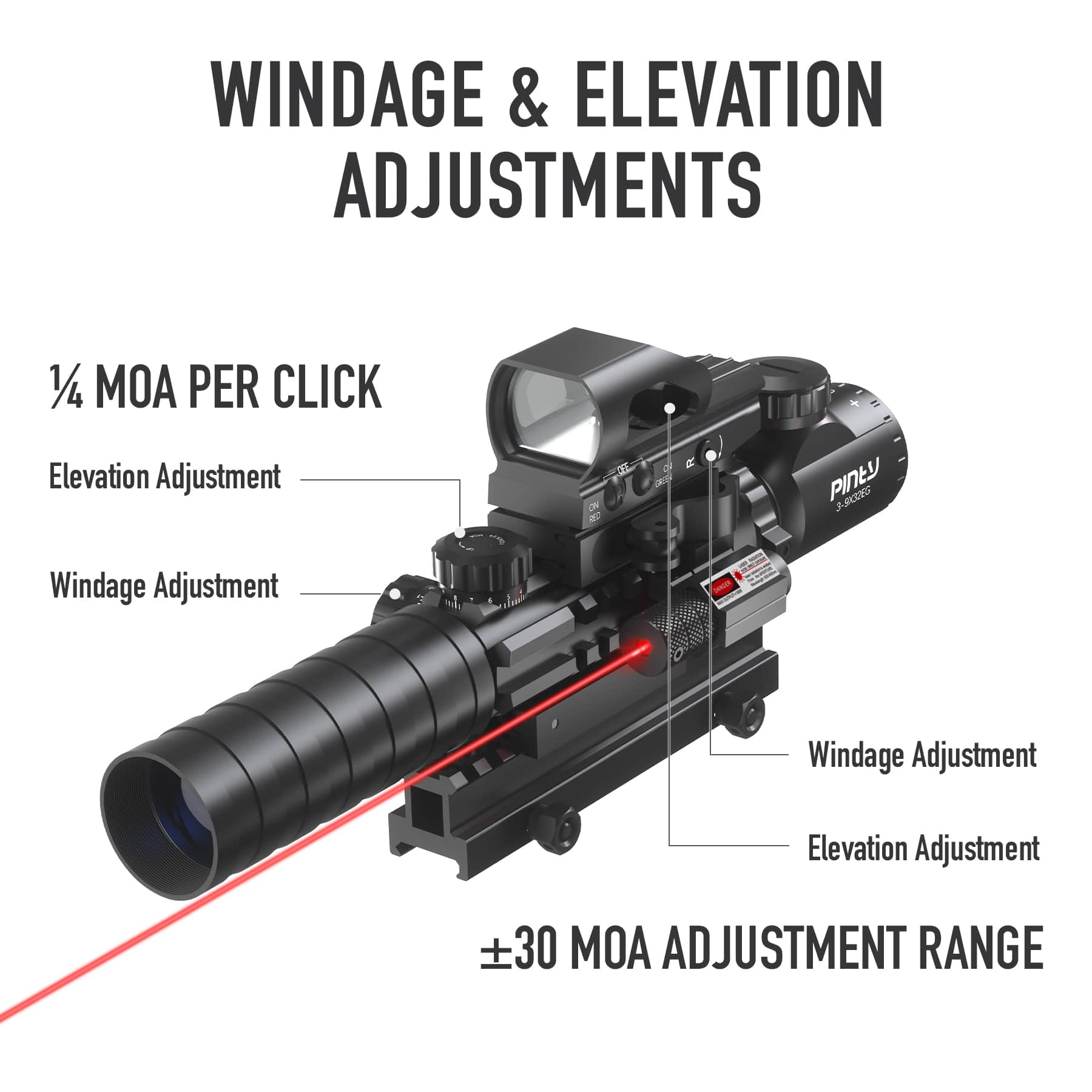Pinty 3-9x40 Rifle Scope Combo With Laser Sight & LED Torch - Tactical Mil-Dot Reticle