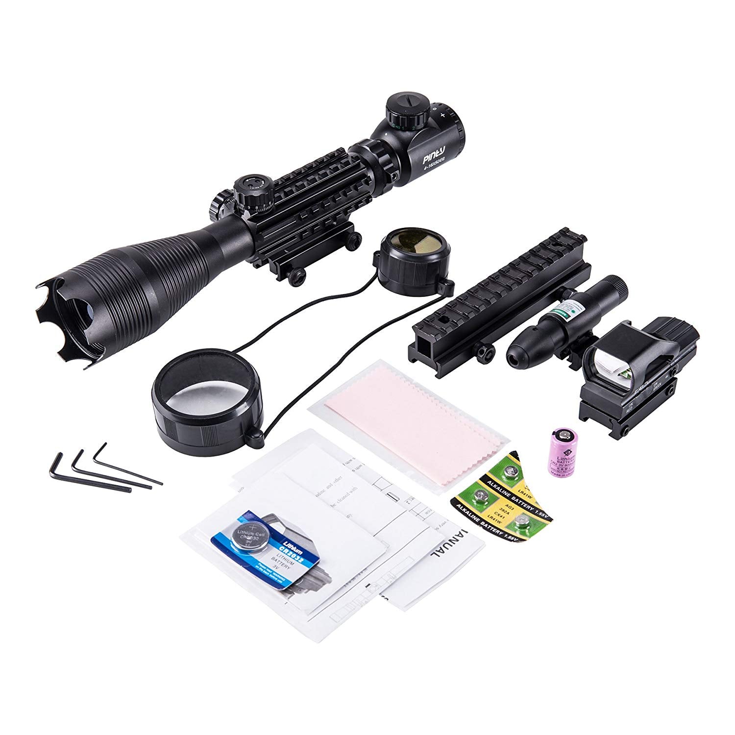 Pinty 4-in-1 Rifle Scope 4-16X50mm Optics/Green Laser/Holographic Dot Sight/14 Slot Riser