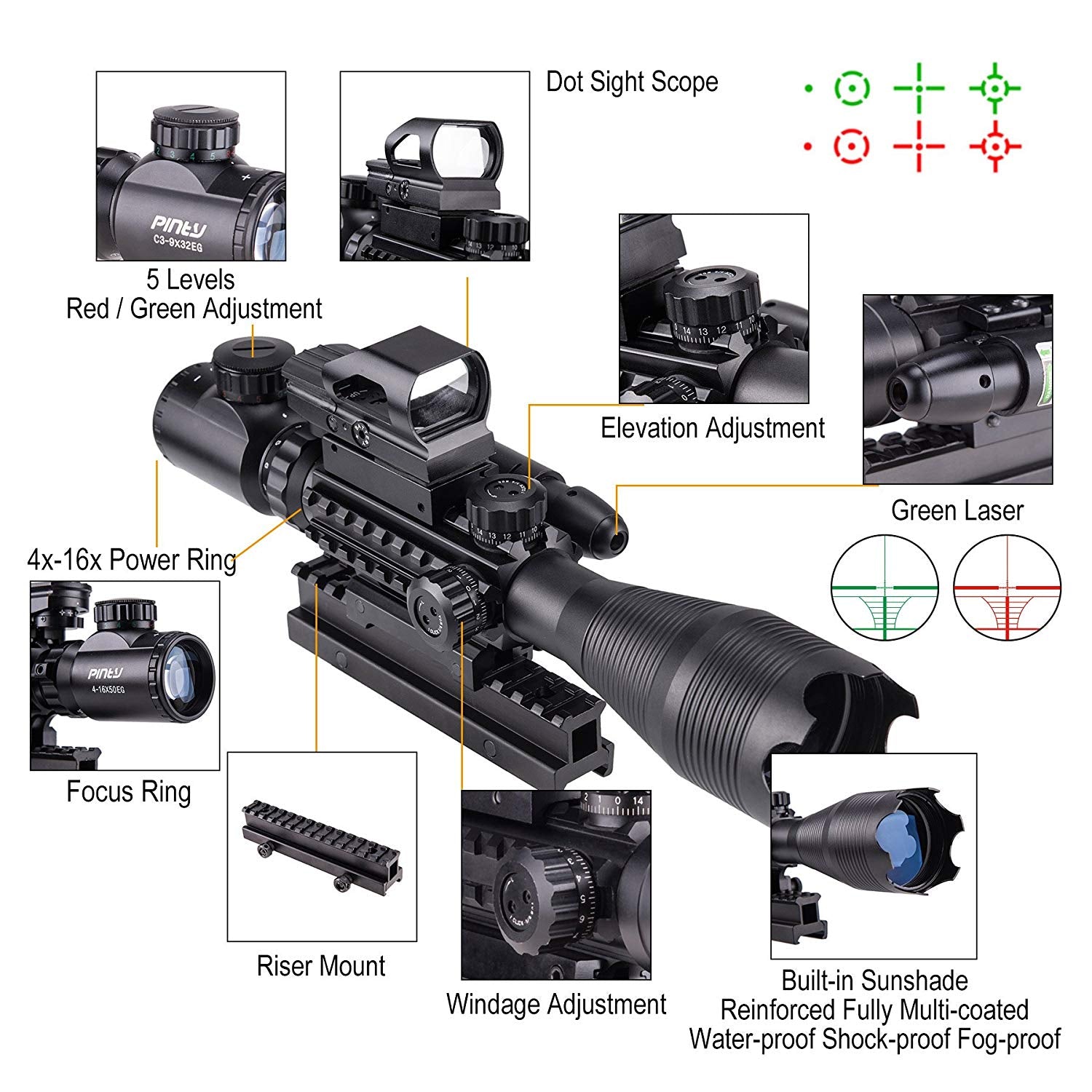 Pinty 4-in-1 Rifle Scope 4-16X50mm Optics/Green Laser/Holographic Dot Sight/14 Slot Riser