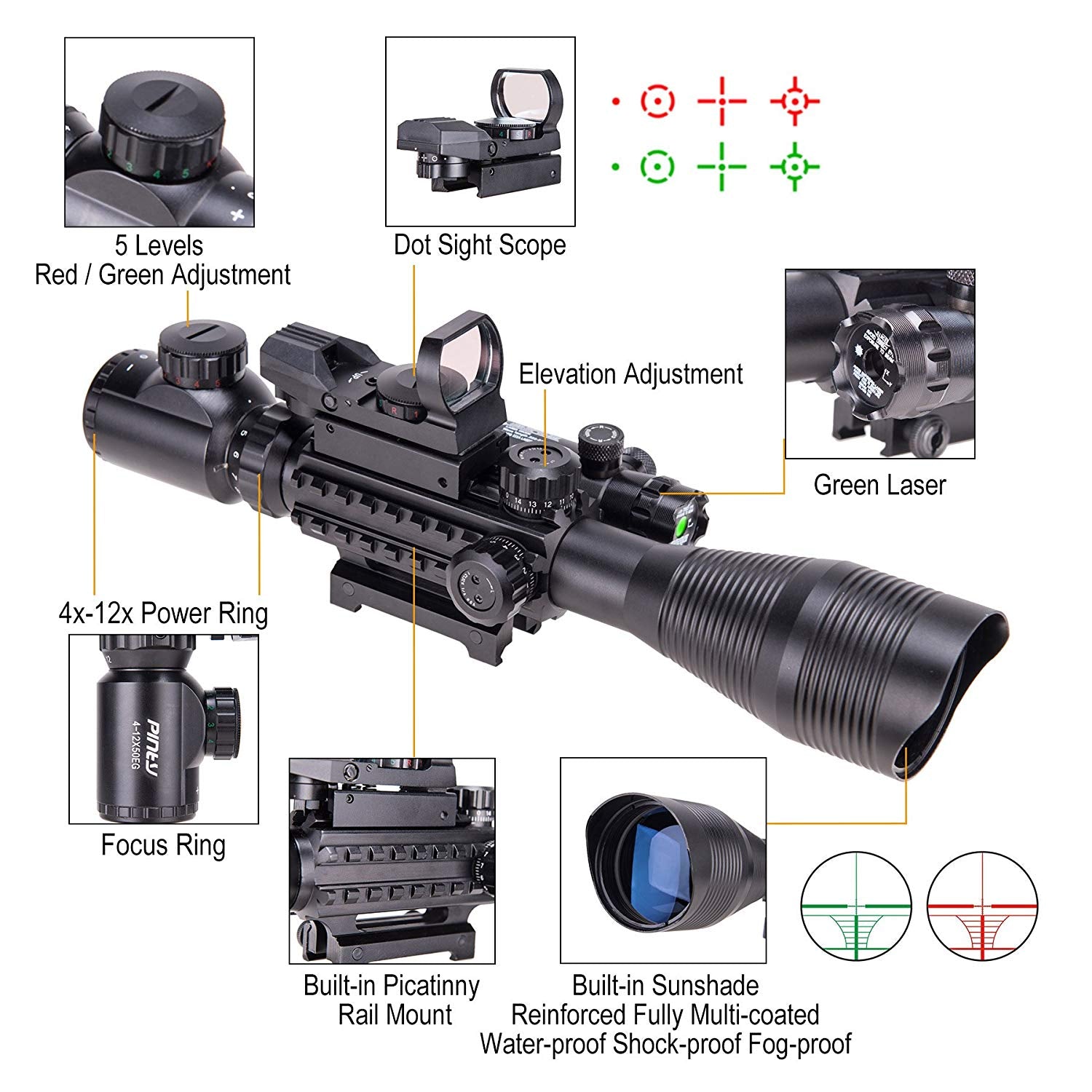 Pinty 3 in 1 Rifle Scope 4-12x50mm EG Rangefinder/Red&Green Reflex Sight/Green Dot Laser Sight