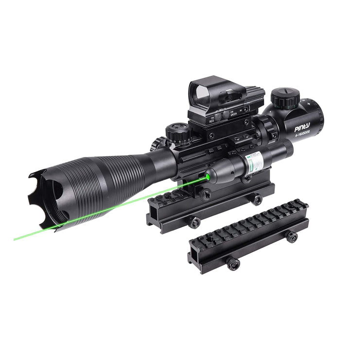 Pinty Rifle Scope 4-16X50 Illuminated Optics Sight Green Laser, Reflex Holographic Dot Sight, Riser Mount 14 Slots 1 inch High Riser Mount