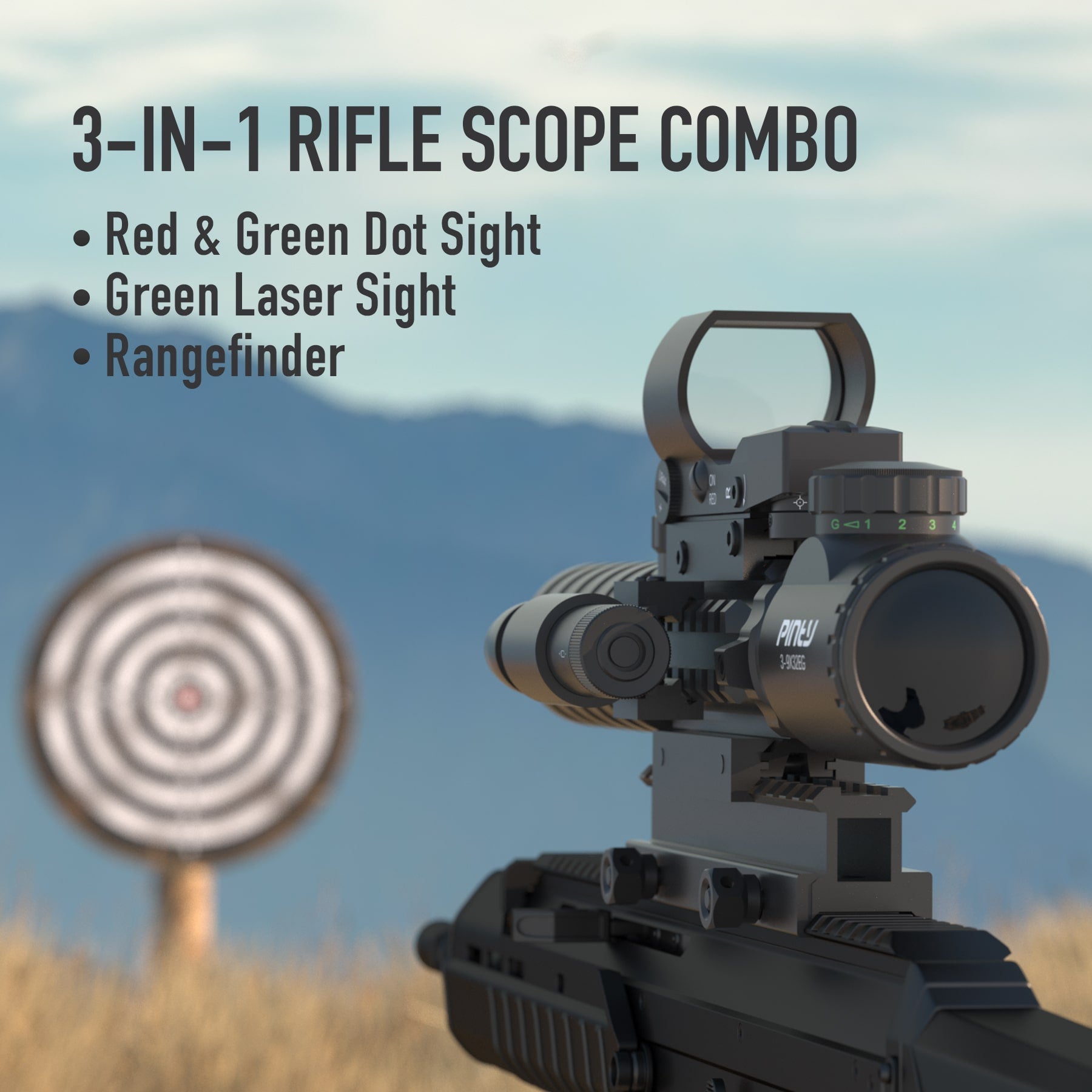       Pinty-Rifle-Scope-3-9x32-Rangefinder-Illuminated-Reflex-Sight-4-Reticle-Red-Dot-Laser-Sight-with-14-Slots-1-inch-High-Riser-Mount-sig-scopes-tactical-scope