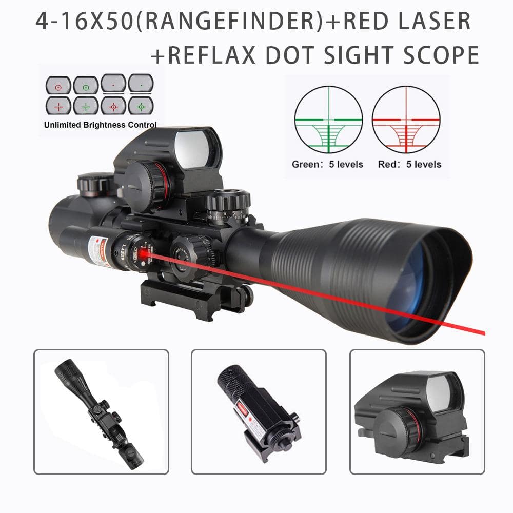 Pinty 3-in-1 Rifle Scope 4-12x50mmEG Rangefinder/Tactical Reticle Scope/Laser Sight & Red Dot Sight