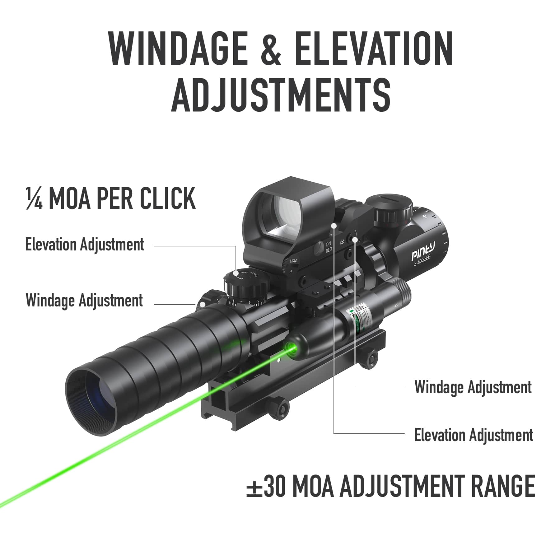 Pinty | Rifle Scope 3-9x32mmEG Rangefinder/Red & Green Dot Laser Sight